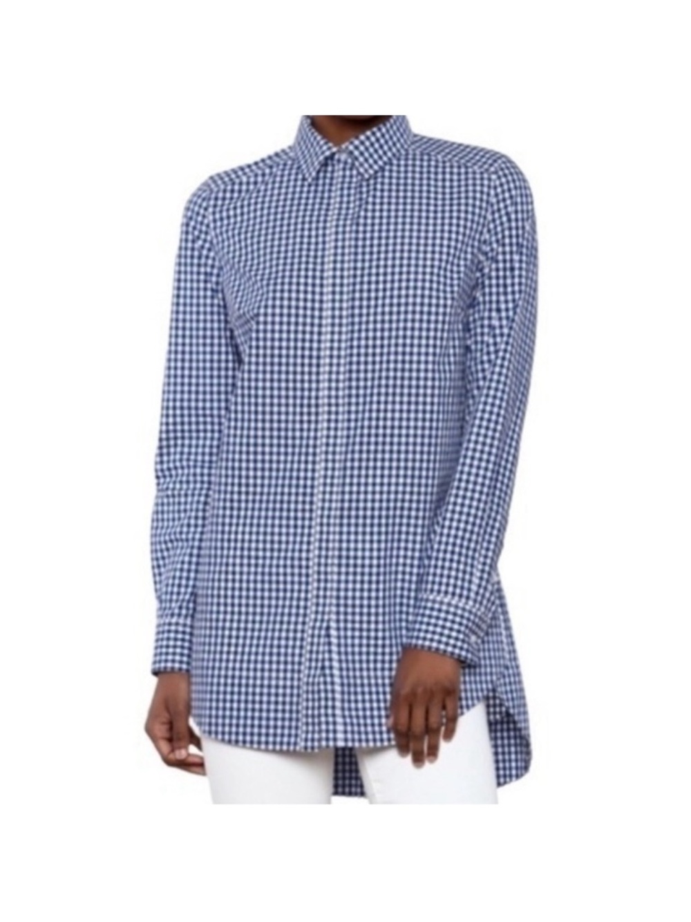 Tyler Boe Blue and White Gingham Preppy Button-Front Longline Tunic Blouse, Sz 8